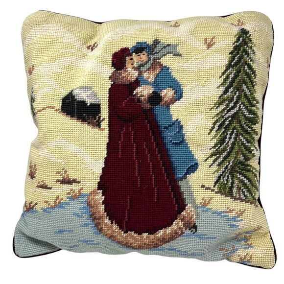 Needlepoint Winter Scene Throw Pillow 2 People Winter Coats Snowy Tree Cabin - Picture 12 of 16